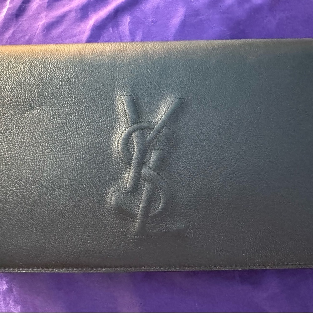 Yves Saint Laurent Belle De Jour Navy Leather Clutch with Embossed Logo